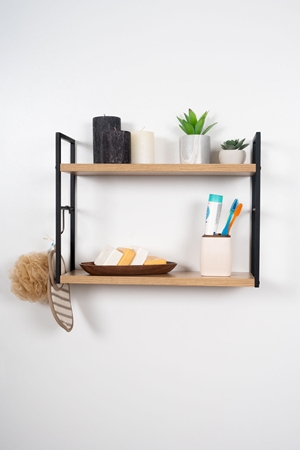 Metal Ahşap Mini Banyo Duvar Rafı Duvar Monte Banyo Organizer Safir Meşe