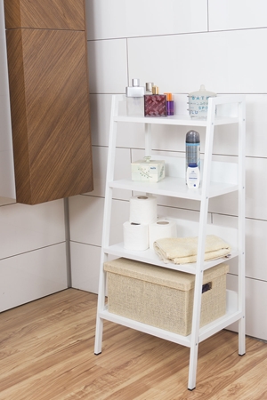 Metal Ahşap Dekoratif Açık Banyo Dolabı Konik Banyo Rafı 4 Raflı Beyaz Çok Amaçlı Banyo Organizer